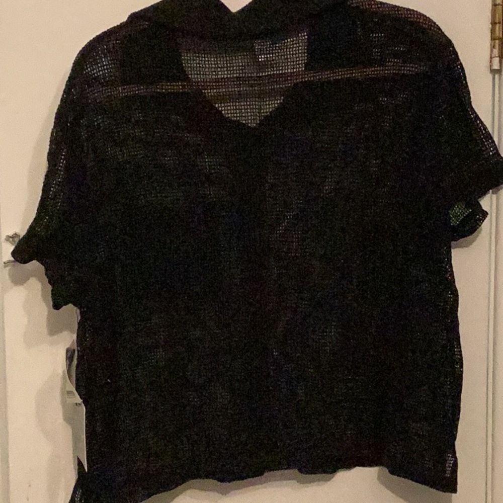 Black 2 Piece Mesh Button Down Swim Coverup with Notched Collar - Picture 9 of 16